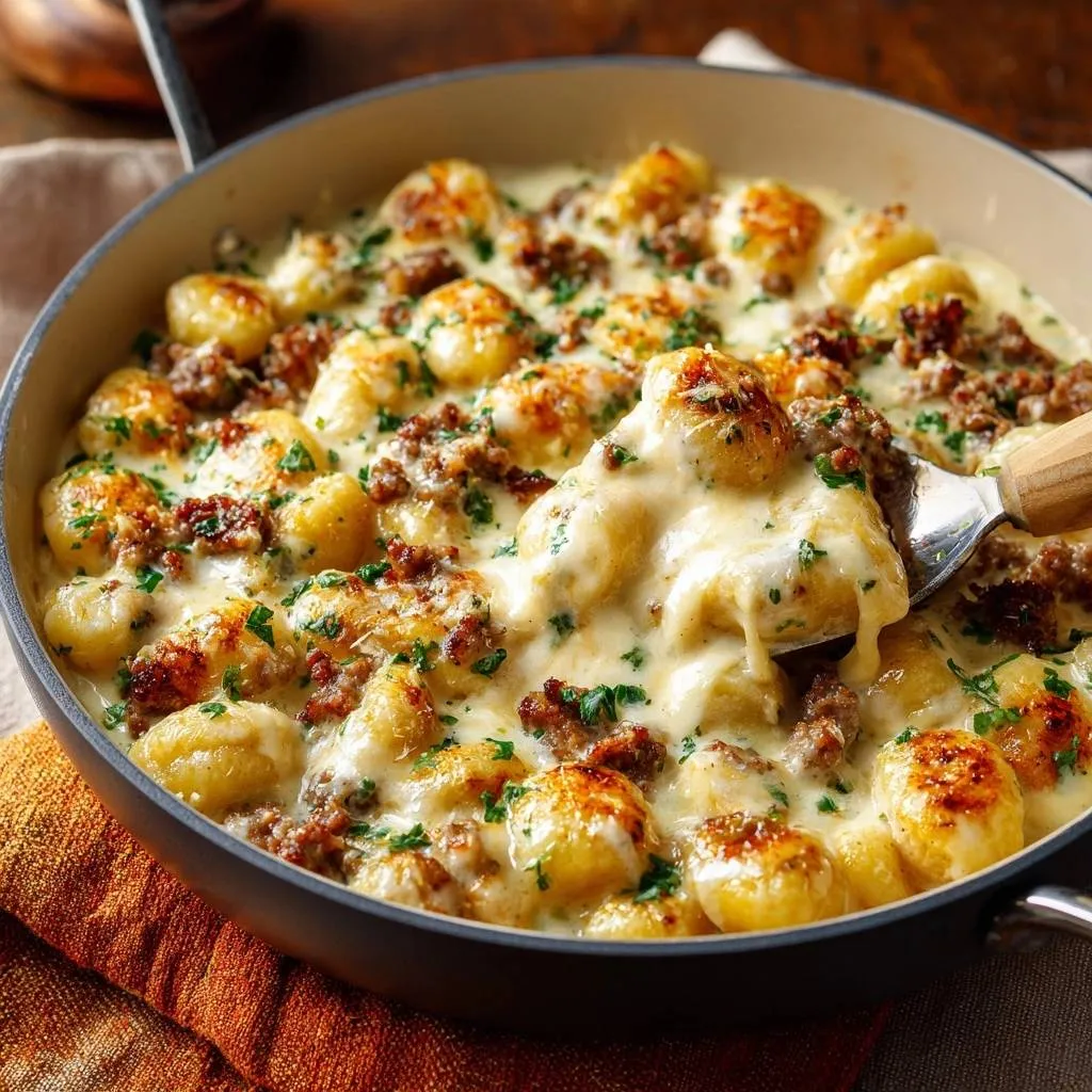 Creamy sausage gnocchi with crispy edges, with a spoonful scooping out a serving from the pan.