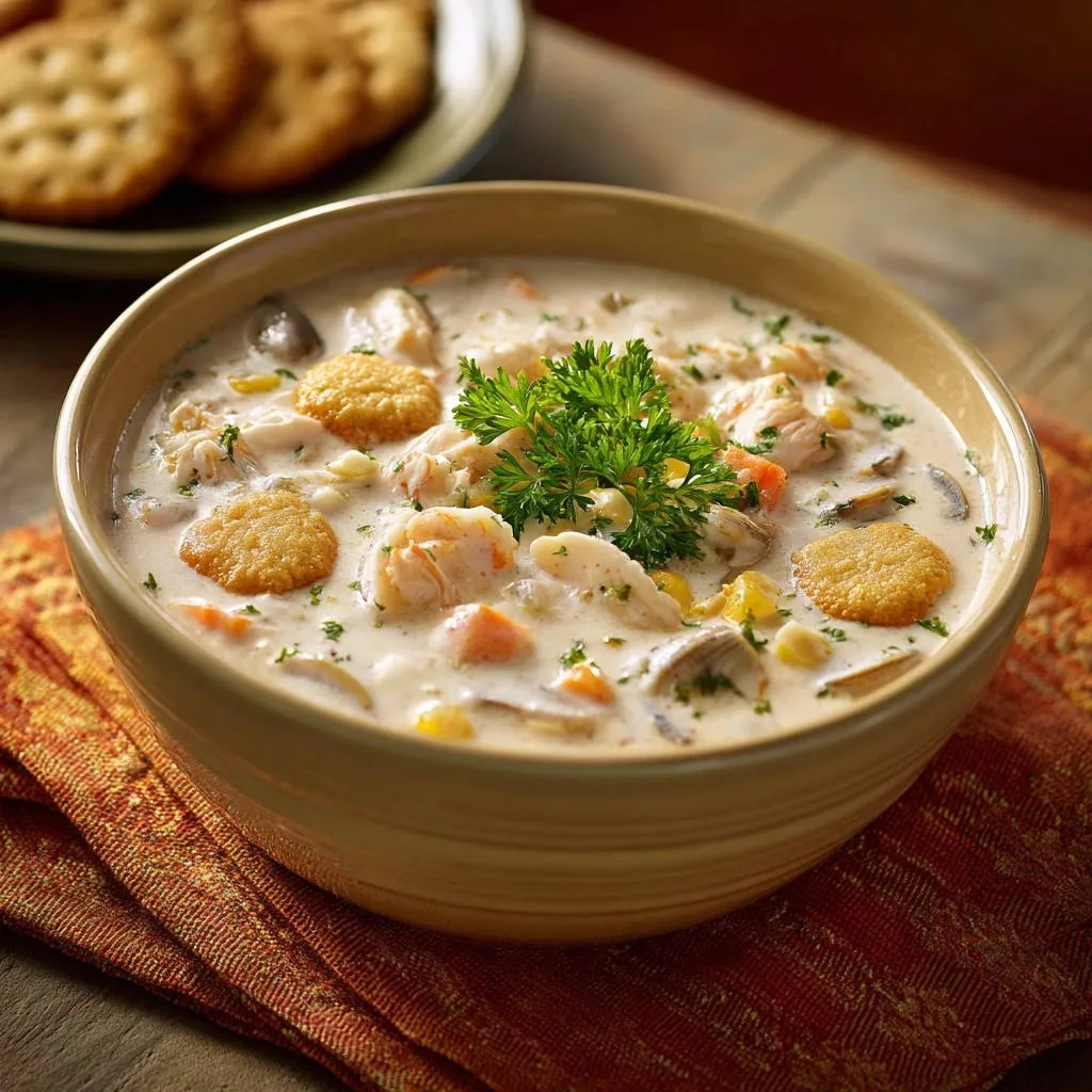 Luxurious creamy seafood chowder in a bowl, garnished with fresh parsley and topped with crackers.