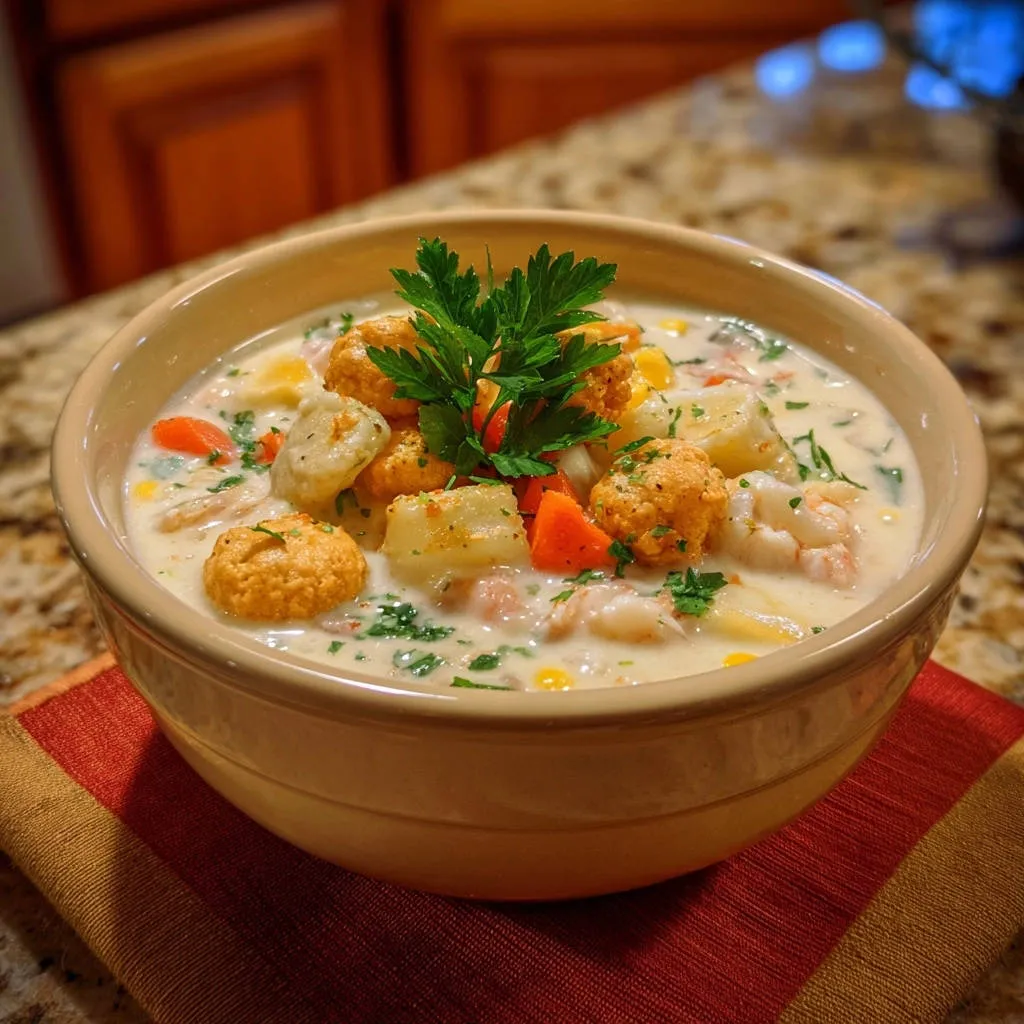 Luxurious creamy seafood chowder served in a bowl, garnished with fresh parsley and showing visible seafood and vegetables.
