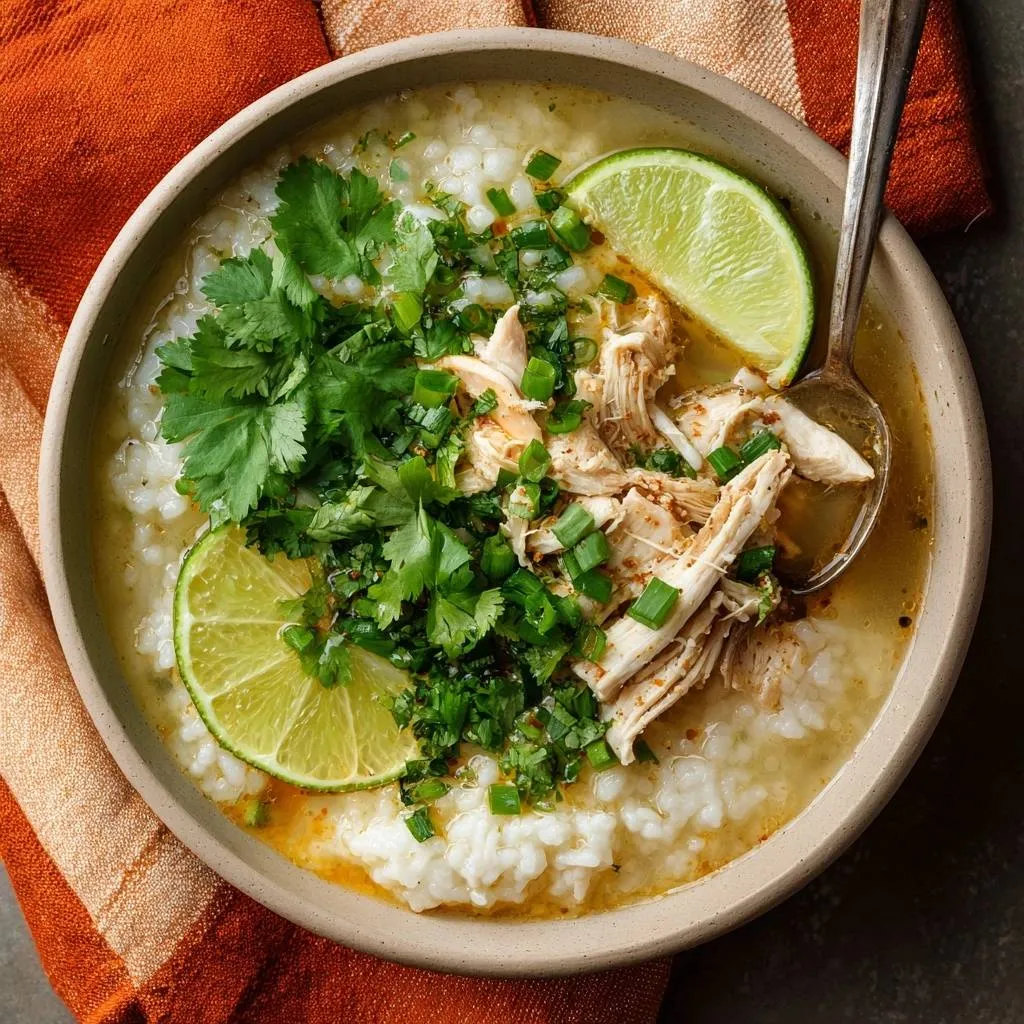 Creamy shredded chicken congee in a bowl, generously garnished with fresh cilantro, green onions, and lime wedges.