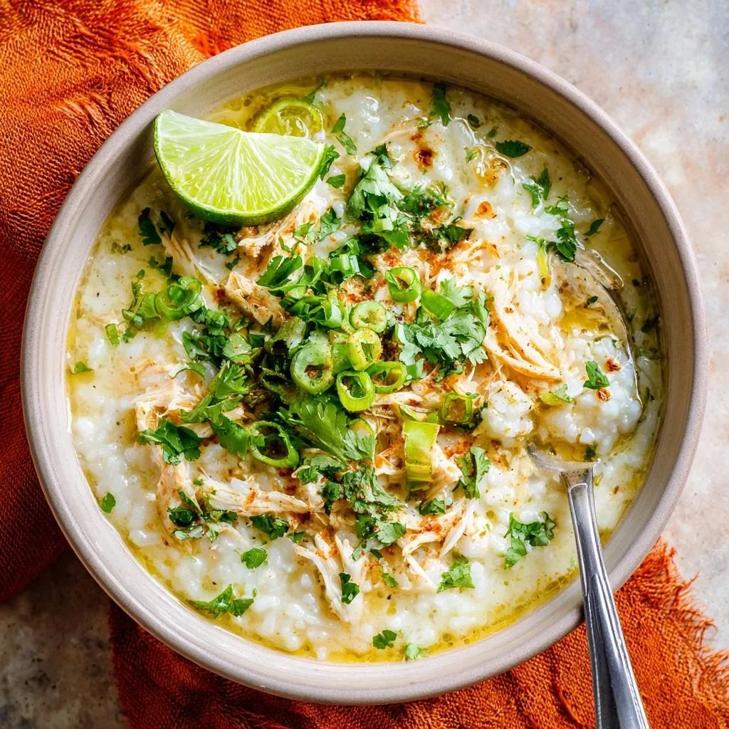 Creamy shredded chicken congee garnished with lime, cilantro, and scallions in a bowl.