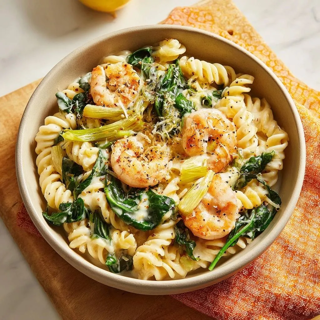 Creamy shrimp fusilli with spinach and fennel served in a close-up bowl view.