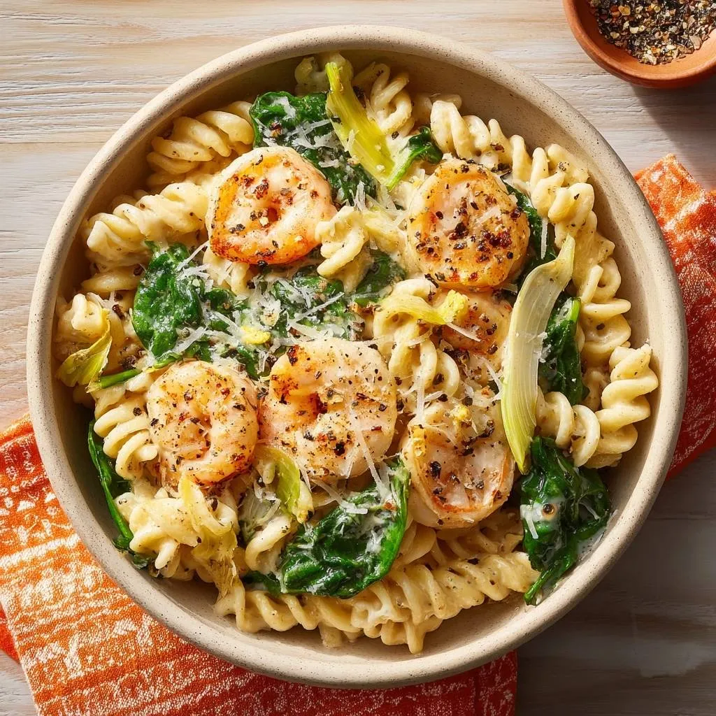 Creamy shrimp fusilli with spinach and fennel served in a rustic bowl, viewed from directly above.
