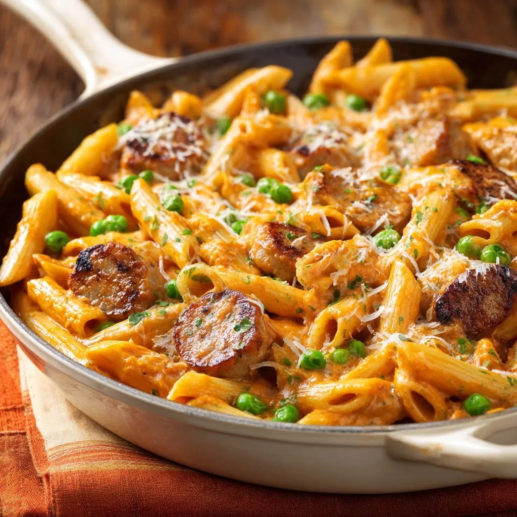 Creamy skillet sausage penne shown in a close-up view within the cooking pan, highlighting the rich sauce and penne pasta.
