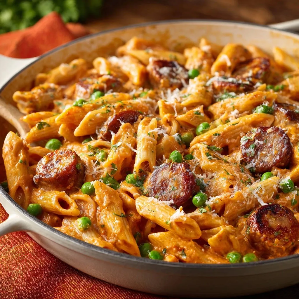 Creamy skillet sausage penne in a white pan, featuring penne pasta, sliced sausage, and peas with a creamy sauce.