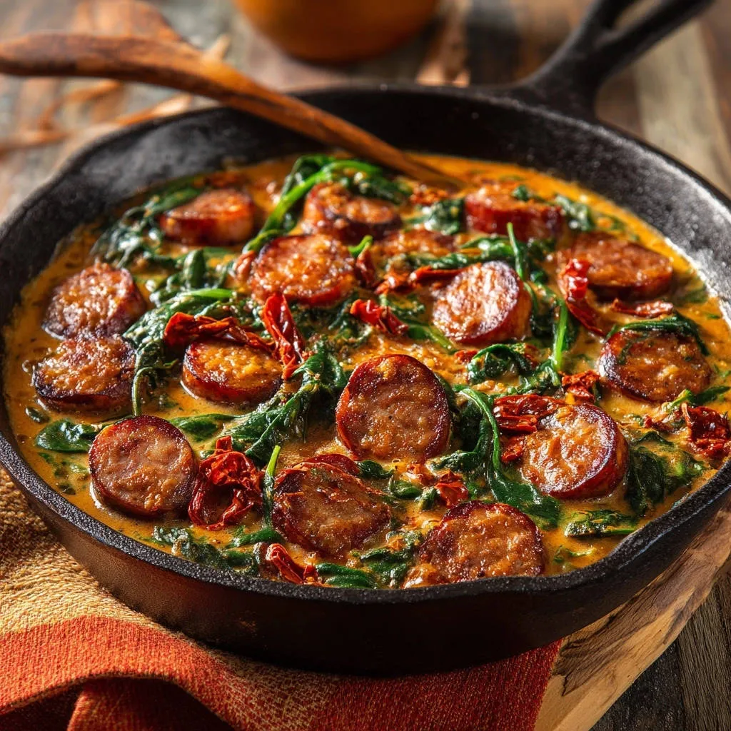 Creamy skillet sausage and spinach in a cast iron pan, showcasing sliced sausage and wilted spinach in a rich sauce.