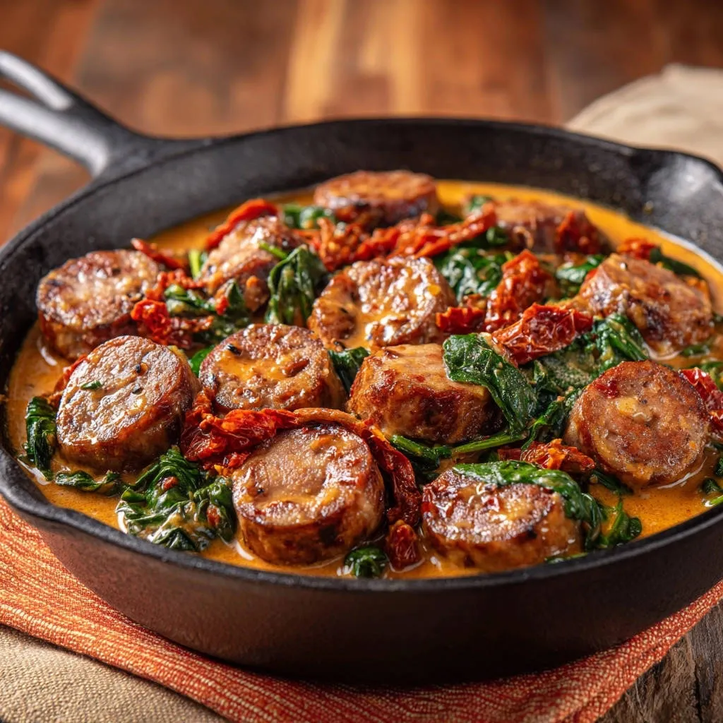 Creamy skillet sausage and spinach, a close-up view of the dish in a cast-iron pan with sun-dried tomatoes.