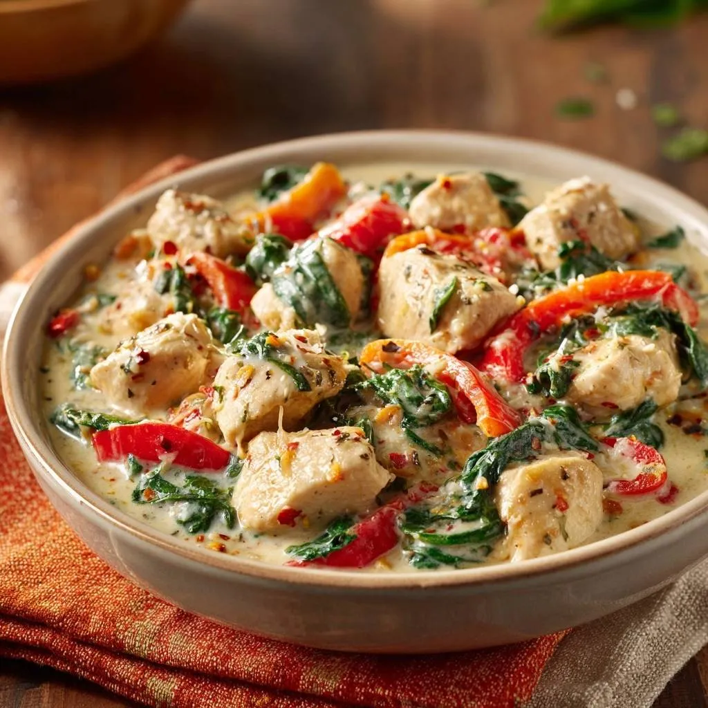 Creamy spinach pepper chicken served in a bowl, showcasing tender chicken pieces, vibrant spinach, and red peppers in a rich sauce.
