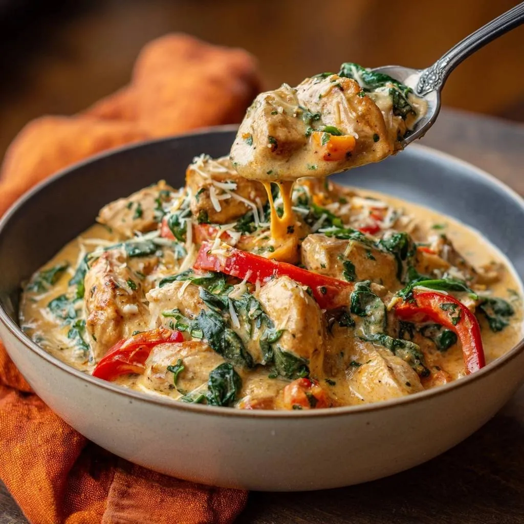 Creamy spinach pepper chicken shown in a close-up spoonful detail, highlighting the rich sauce and ingredients.