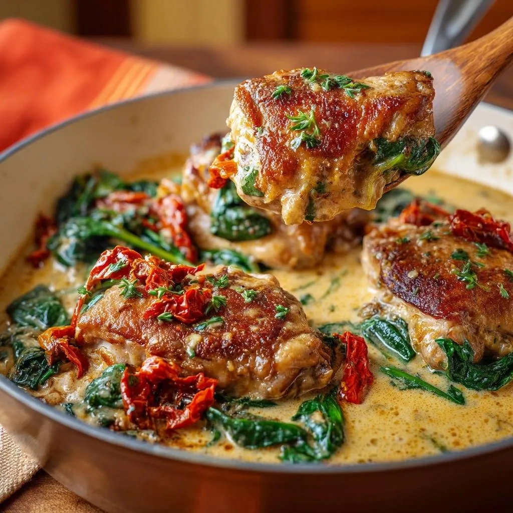Creamy sun-dried tomato spinach chicken being lifted from a skillet on a wooden spoon.