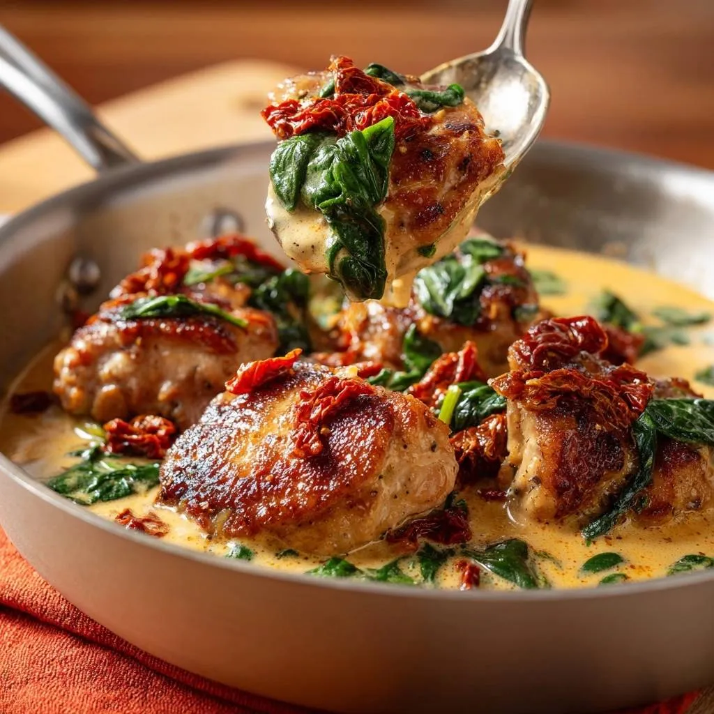 Creamy sun-dried tomato spinach chicken recipe being lifted from the pan with a spoon, showing sauce and greens