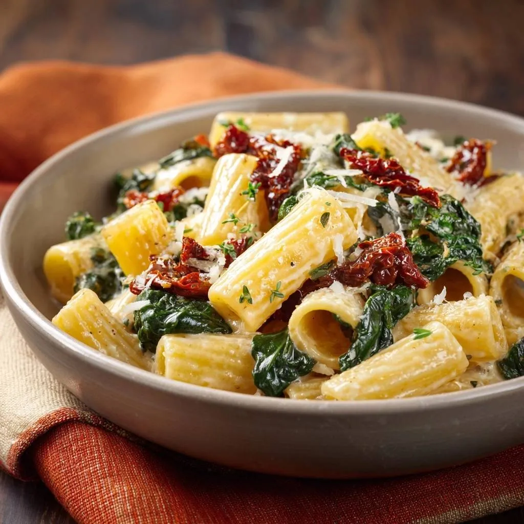 Creamy sun-dried tomato spinach rigatoni served in a rustic bowl, showcasing its rich texture and vibrant ingredients.