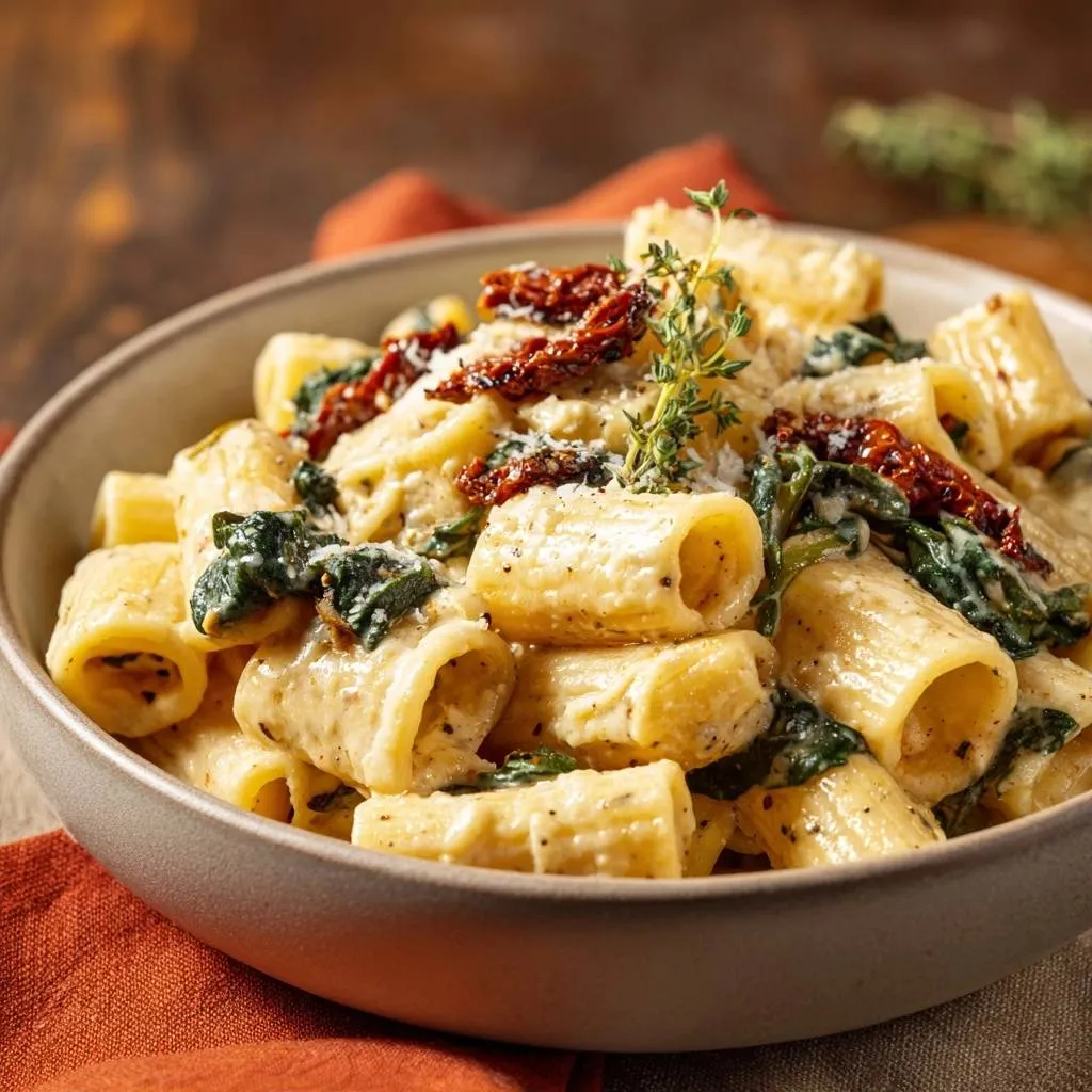 Creamy sun-dried tomato spinach rigatoni served in a rustic bowl, showcasing a close-up view with fresh thyme garnish.