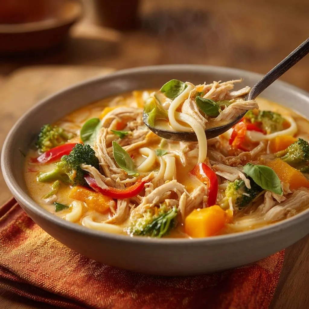 Creamy Thai pumpkin chicken noodle soup with a spoonful lifted, showing noodles, chicken, and vegetables.