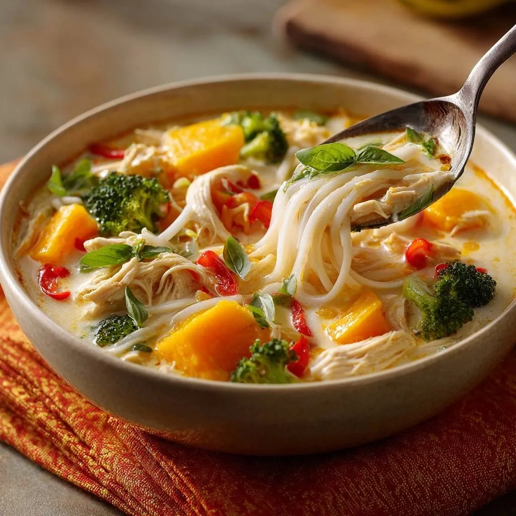Creamy Thai Pumpkin Chicken Noodle Soup with a spoonful being lifted, showing noodles, chicken, and vegetables.
