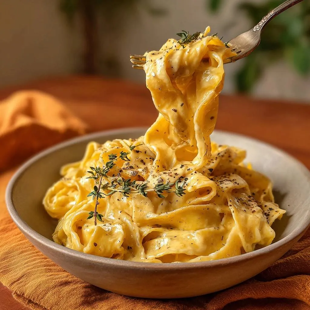 Creamy thyme pappardelle being lifted from a bowl with a fork, showcasing its silky sauce and fresh thyme garnish.