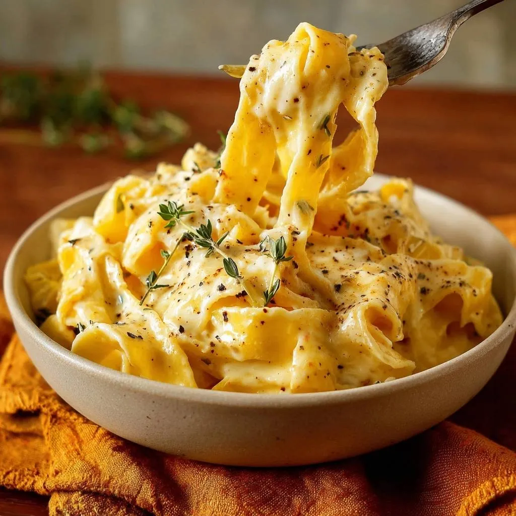 Creamy thyme pappardelle being twirled onto a fork, showcasing its rich sauce and fresh herb garnish.
