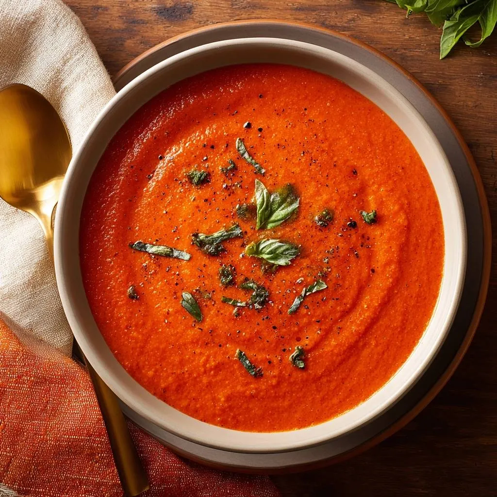 Creamy tomato basil soup close-up showing fresh basil garnish and black pepper sprinkled on top.