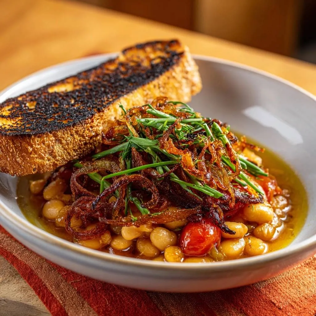 Creamy tomato white beans with crispy shallots plated in a bowl with a slice of toasted bread.
