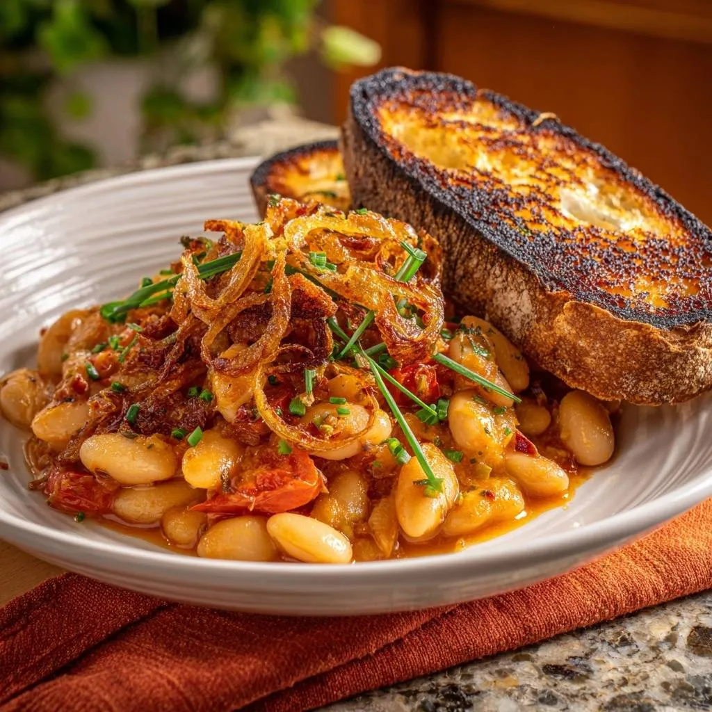 Creamy tomato white beans with crispy shallots plated with toasted bread and fresh chives.