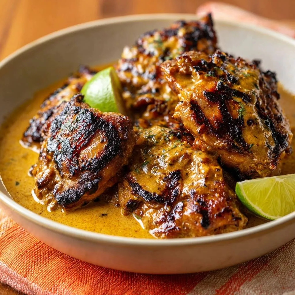Creamy turmeric grilled chicken served in a bowl with lime wedges and a rich sauce.