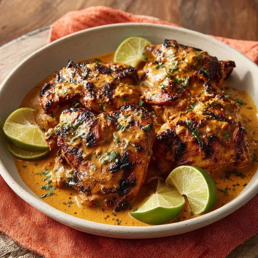 Creamy turmeric grilled chicken recipe served in a bowl with lime wedges and garnished with fresh herbs.