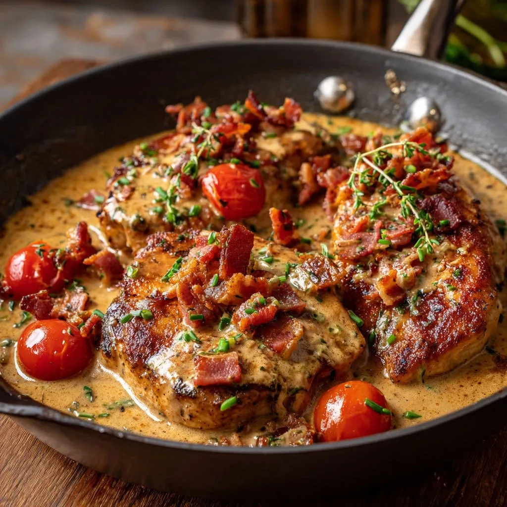 Creamy Tuscan bacon chicken cutlets served in a skillet with tomatoes and bacon topping.