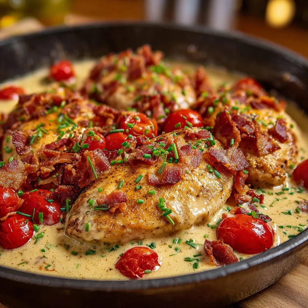 Creamy Tuscan bacon chicken cutlets in a skillet, featuring a close-up of the tender chicken, cherry tomatoes, and bacon garnish.