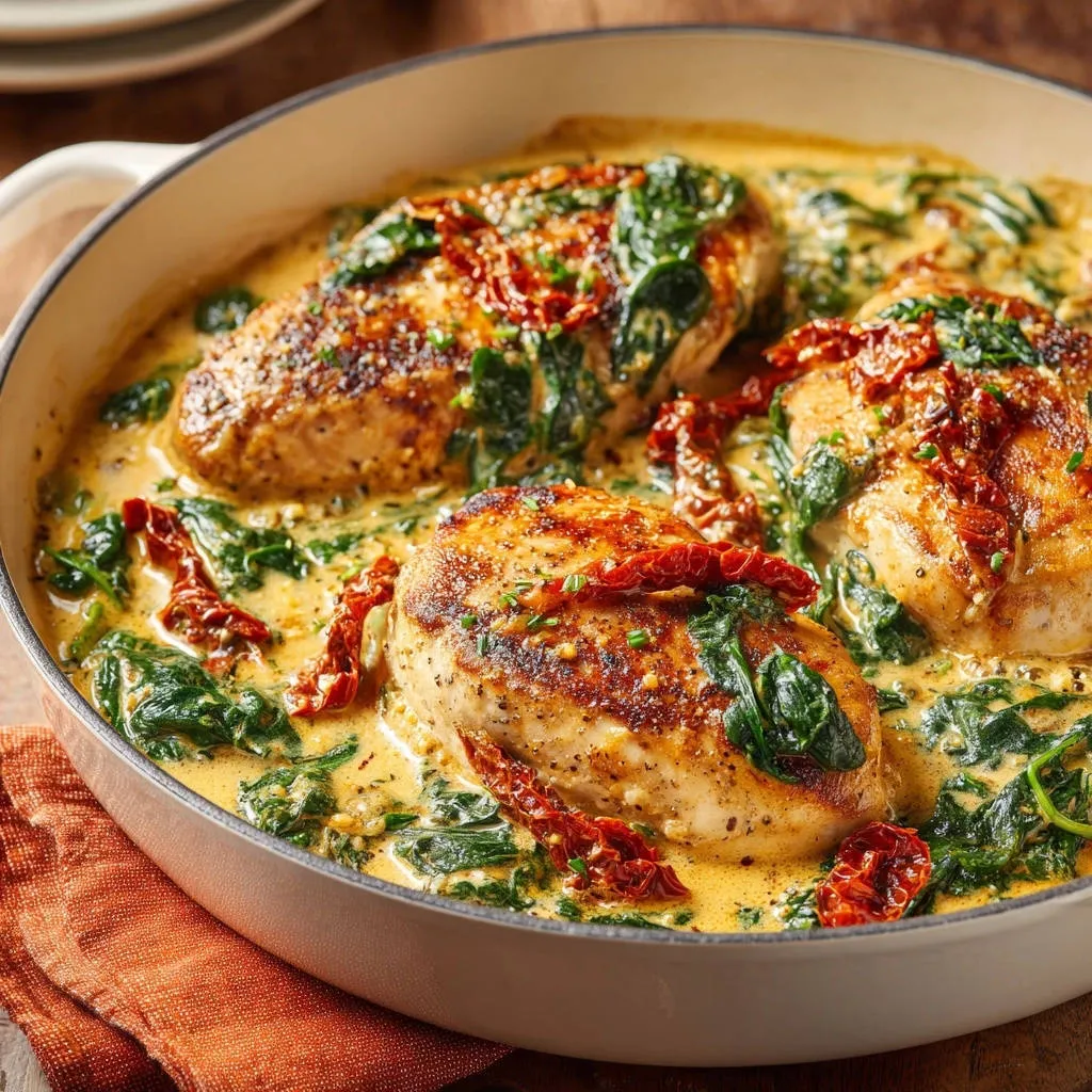Creamy Tuscan Skillet Chicken served with spinach and sun-dried tomatoes in a white pan.