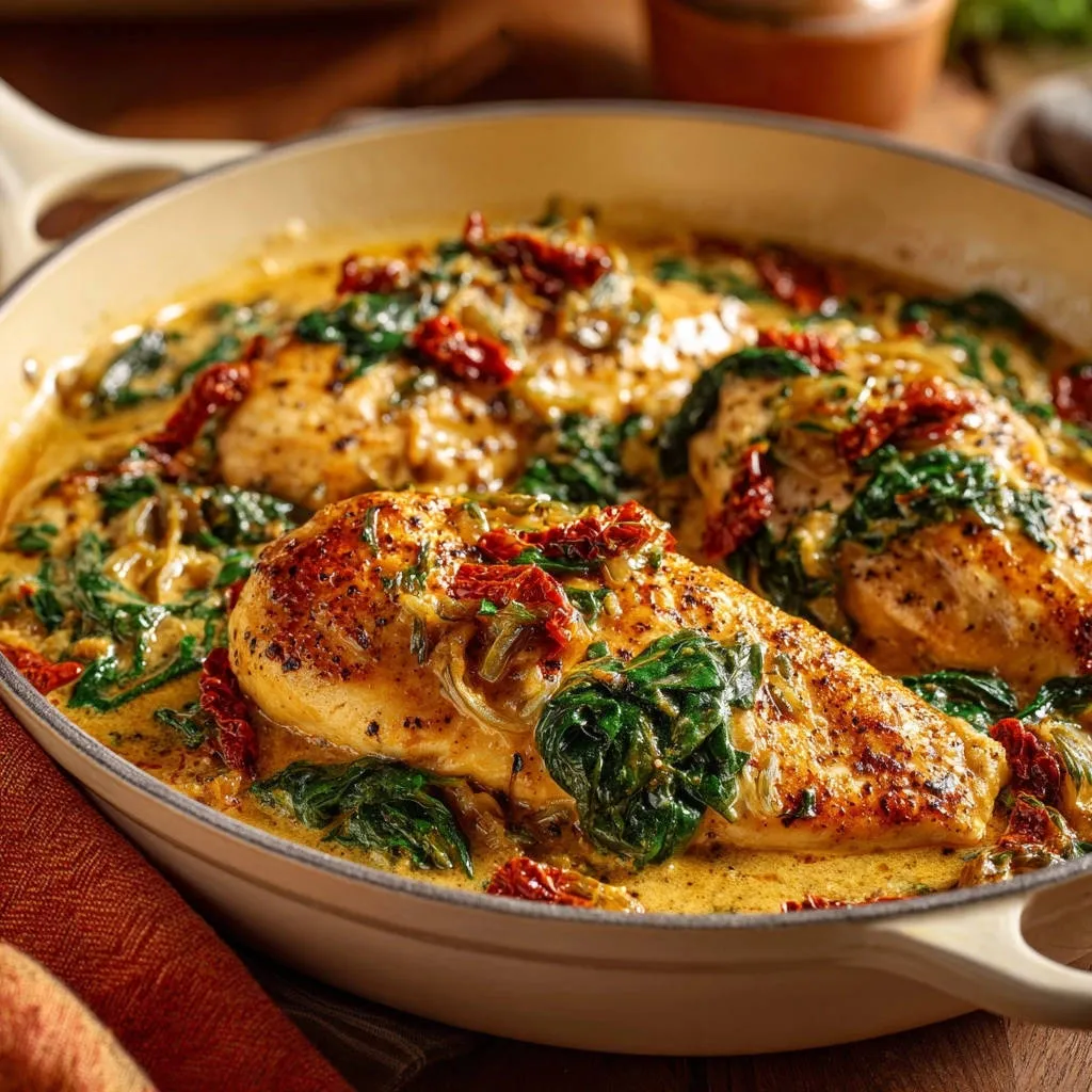 Creamy Tuscan skillet chicken with sun-dried tomatoes and spinach, shown close-up in a creamy sauce within the skillet.