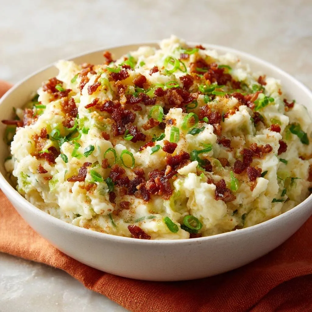 Crispy bacon chive mashed potatoes shown in a close-up view focusing on the crumbled bacon and chopped chive topping.