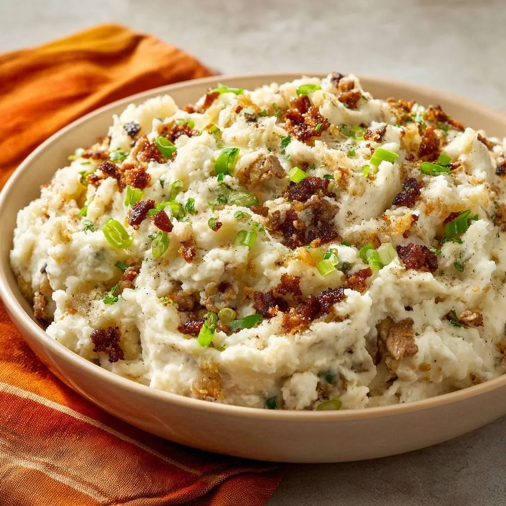 Crispy bacon chive mashed potatoes served in a bowl and generously garnished with bacon bits and chives.
