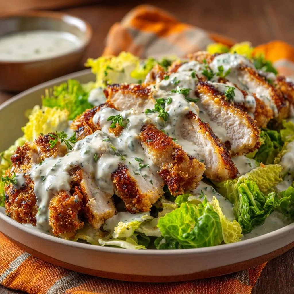 Crispy breaded chicken with creamy herb sauce, sliced and shown in a close-up view with a creamy sauce drizzled over the top.