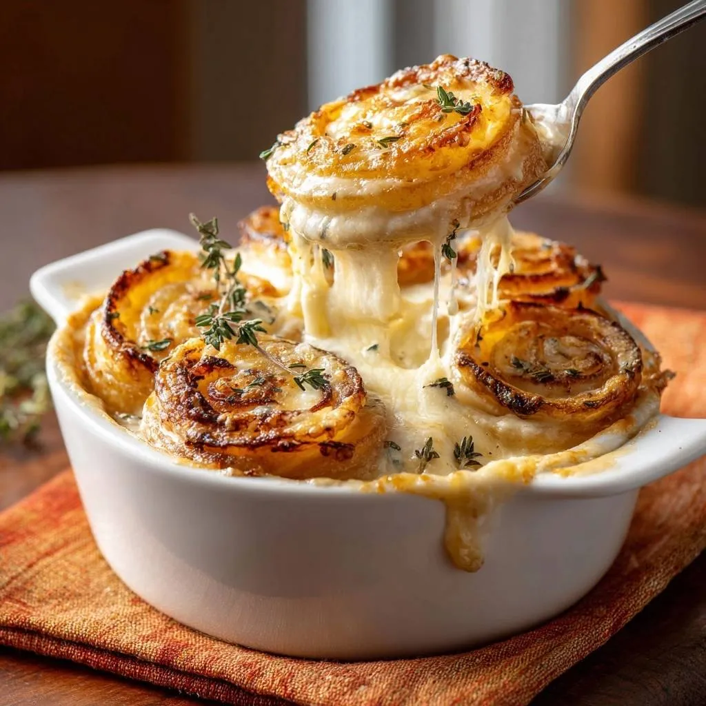 Crispy cheesy potato roses with a spoonful lifting to show molten cheese stretching between potato slices.