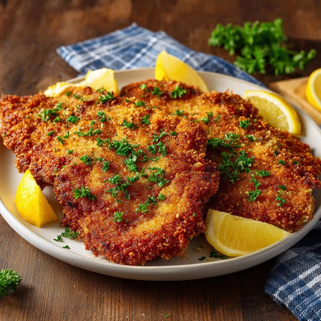 Crispy pan-fried chicken cutlets garnished with fresh parsley and served with lemon wedges on a white plate.