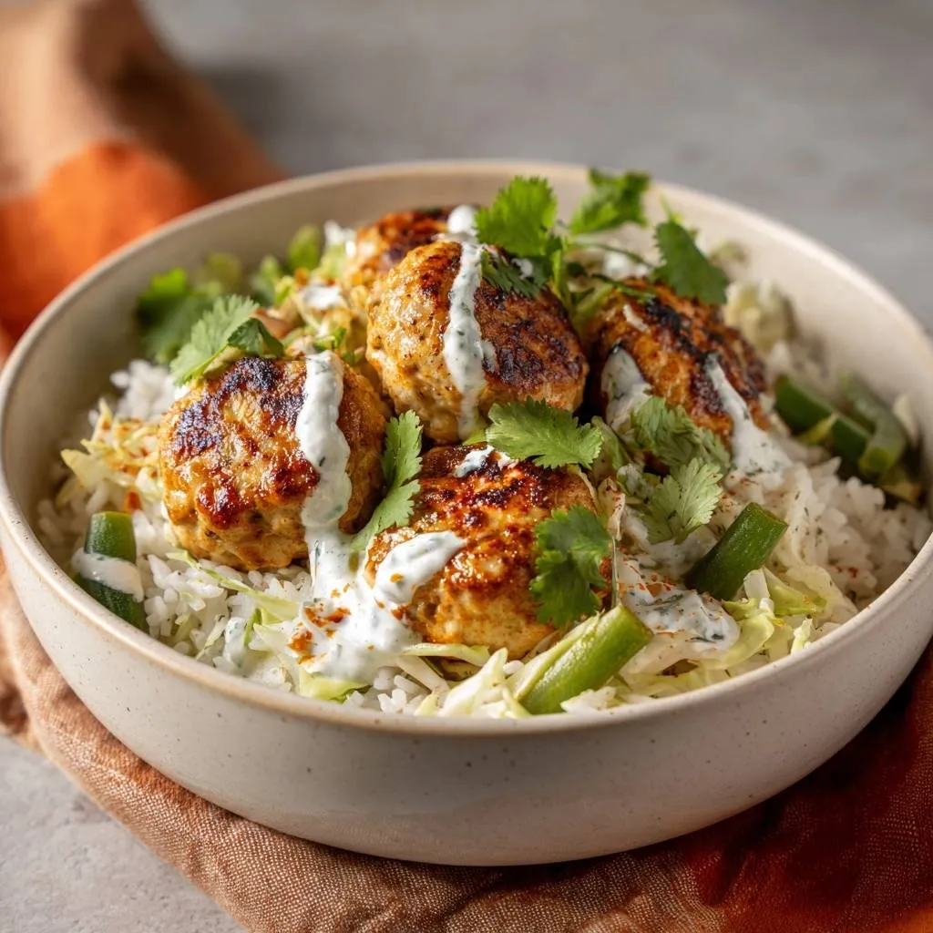 Crispy chicken meatballs with cabbage rice and chili yogurt sauce, shown in a close-up bowl view with cilantro garnish.