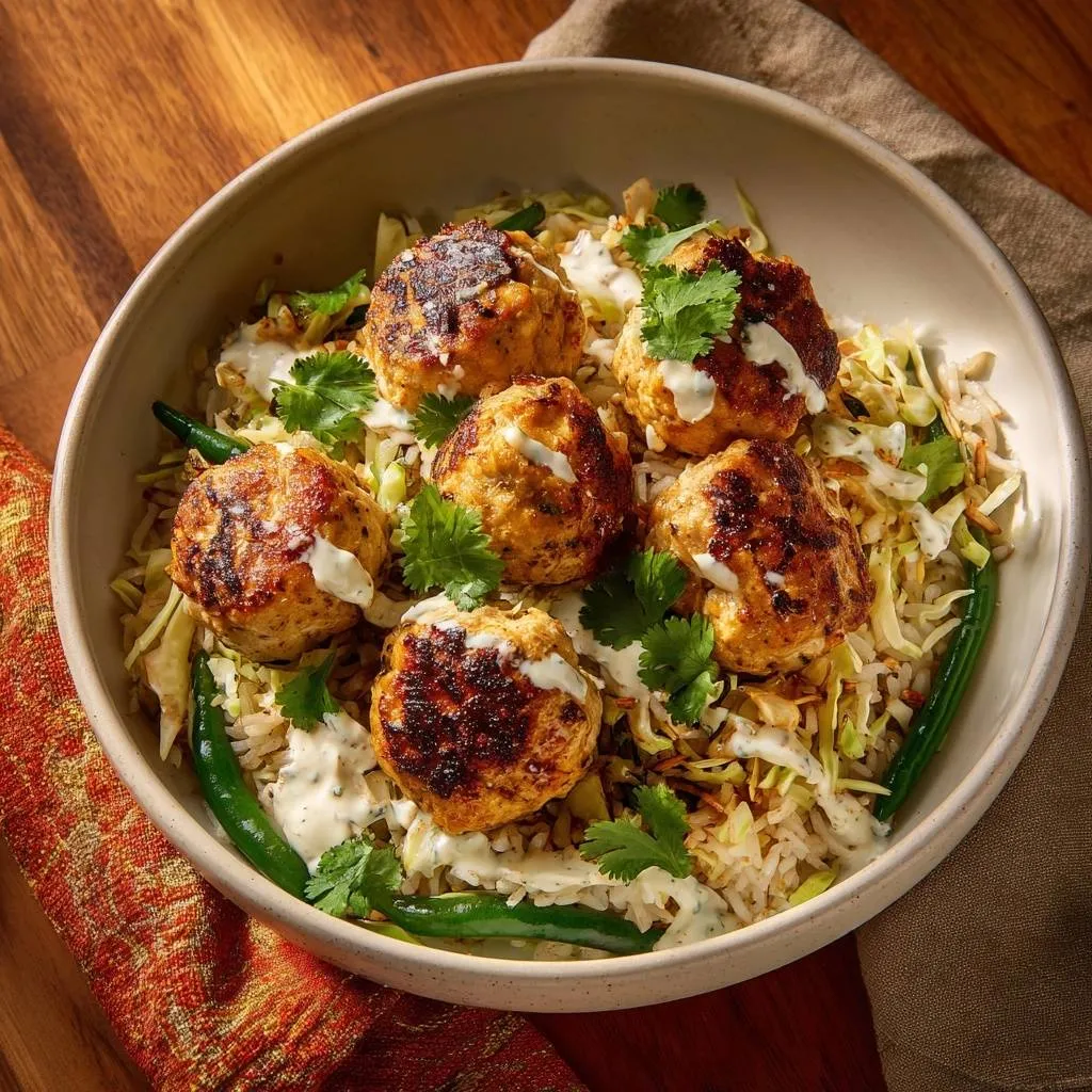 Crispy chicken meatballs with cabbage rice and chili yogurt sauce served in a bowl with a close-up overhead view.