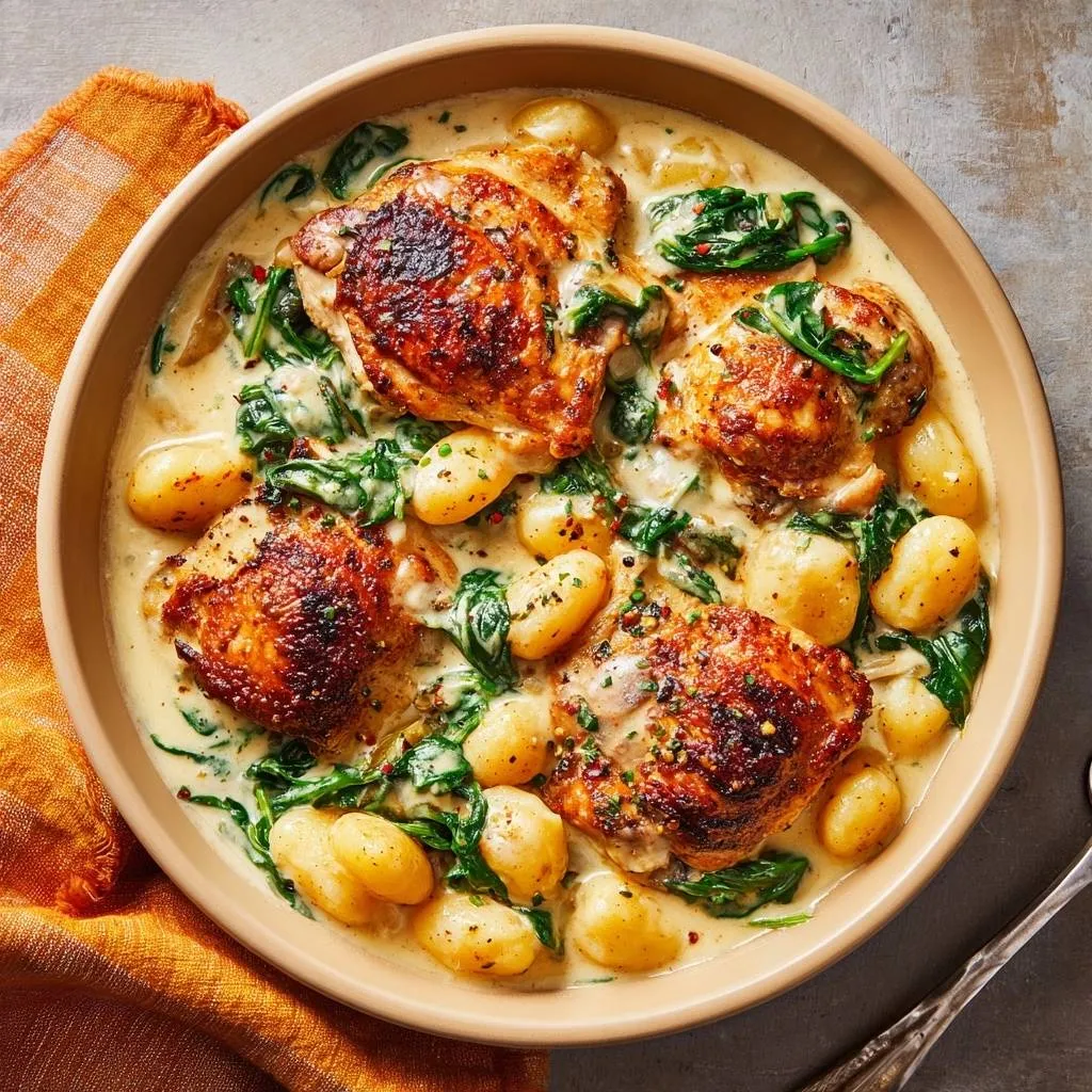 Crispy chicken thighs with spinach and potatoes in a creamy sauce served in a rustic bowl, overhead view.