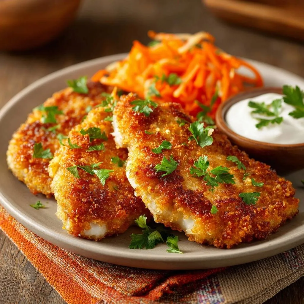 Crispy crab cakes with carrot slaw and dipping sauce plated with fresh parsley garnish.