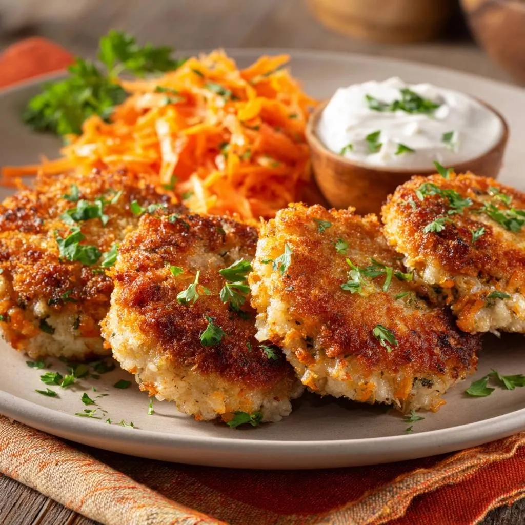 Crispy crab cakes plated with carrot slaw and a dollop of sour cream, garnished with fresh parsley.