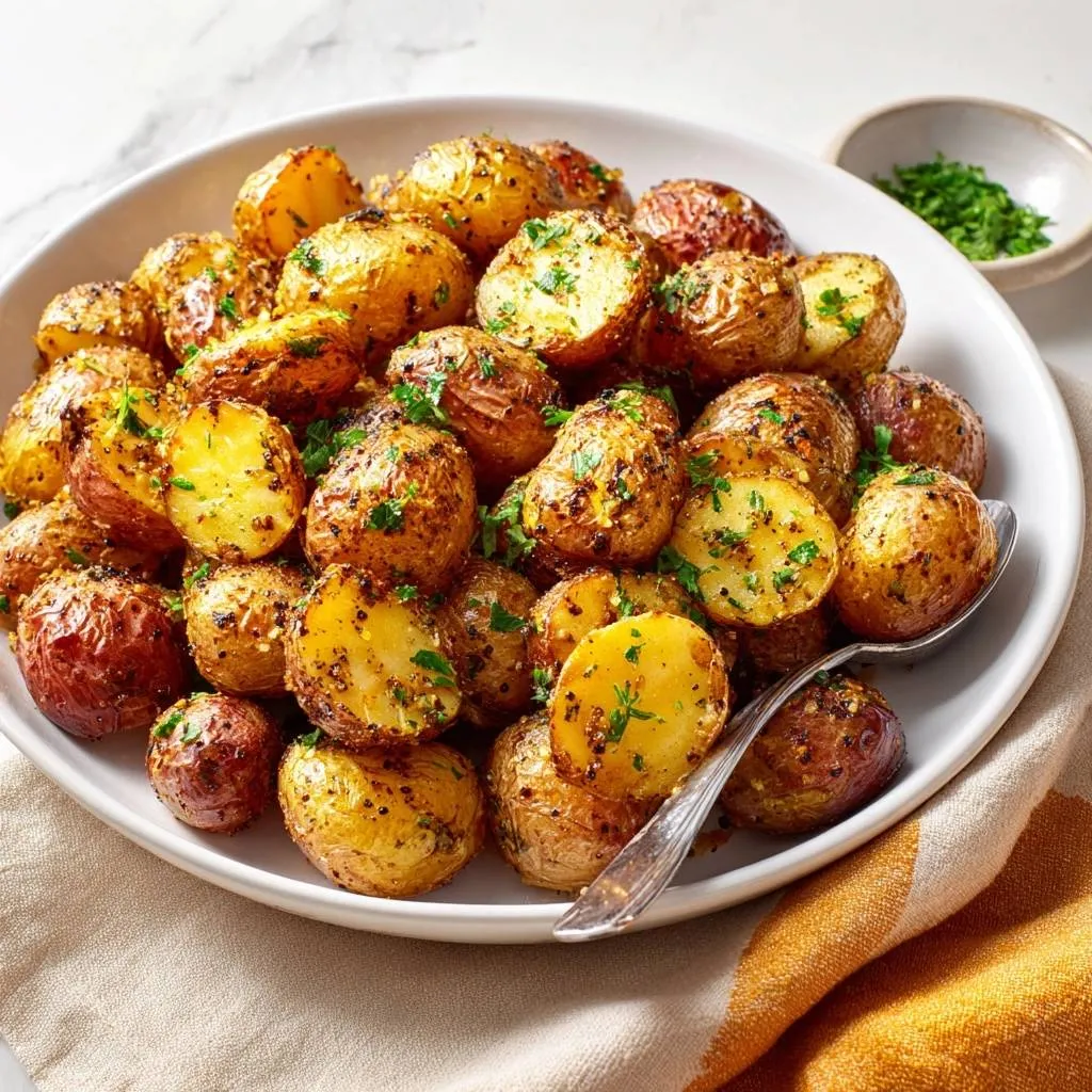 Crispy garlic baby potatoes, fluffy inside, shatteringly crisp outside, piled high in a white bowl with a spoon.