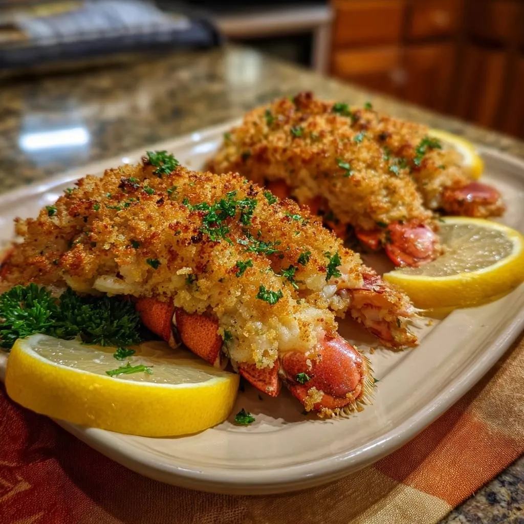 Crispy garlic lobster tails plated with lemon wedges and parsley garnish.