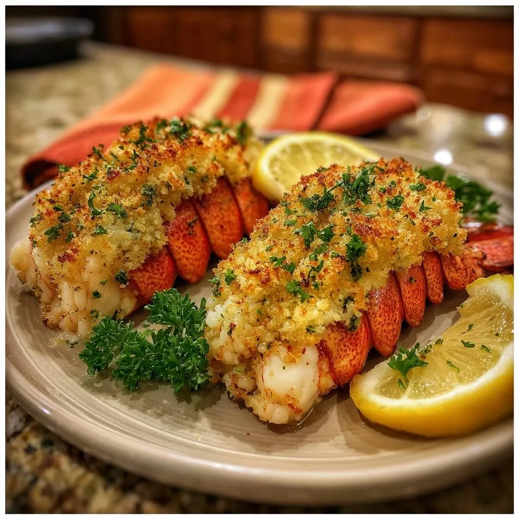 Crispy garlic lobster tails plated with lemon wedges and fresh parsley garnish on a light-colored plate.
