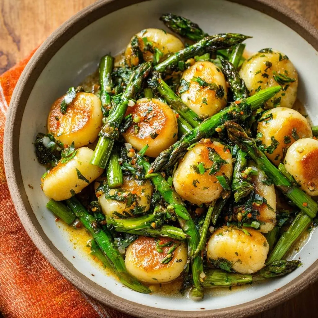 Crispy gnocchi with asparagus in a close-up bowl, showcasing the golden-brown sear and fresh herbs.