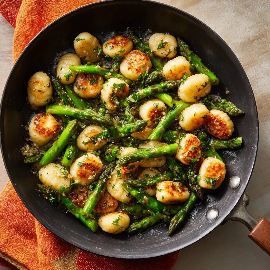 Crispy gnocchi with asparagus in a skillet, showing an overhead view of the pan with cooked ingredients and herbs.