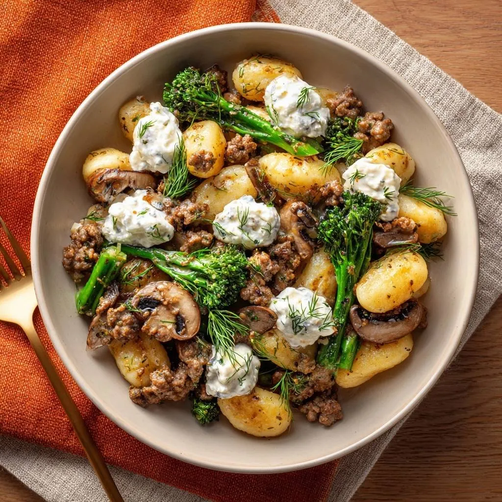 Crispy gnocchi with beef, broccolini & mushrooms served in a bowl from an overhead perspective.