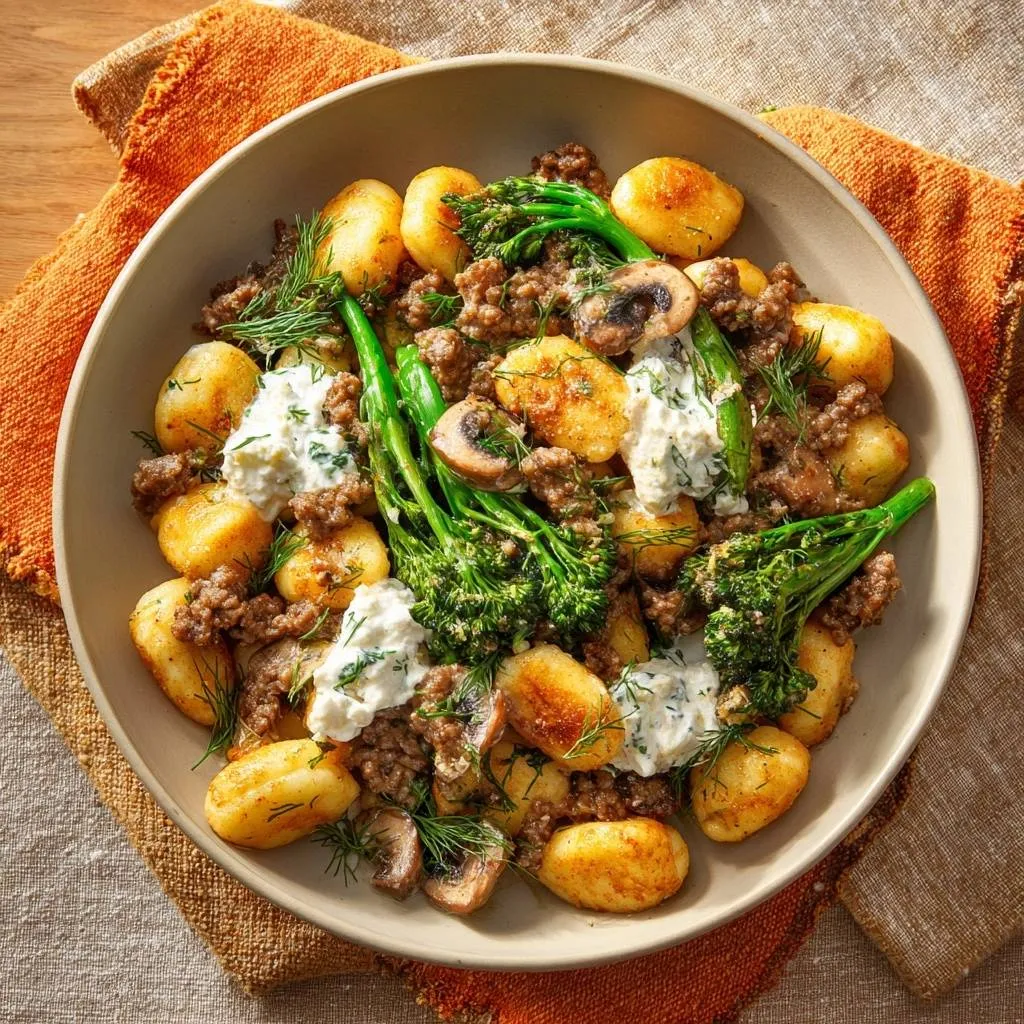 Crispy gnocchi with beef, broccolini and mushrooms served in a bowl, viewed from directly above.