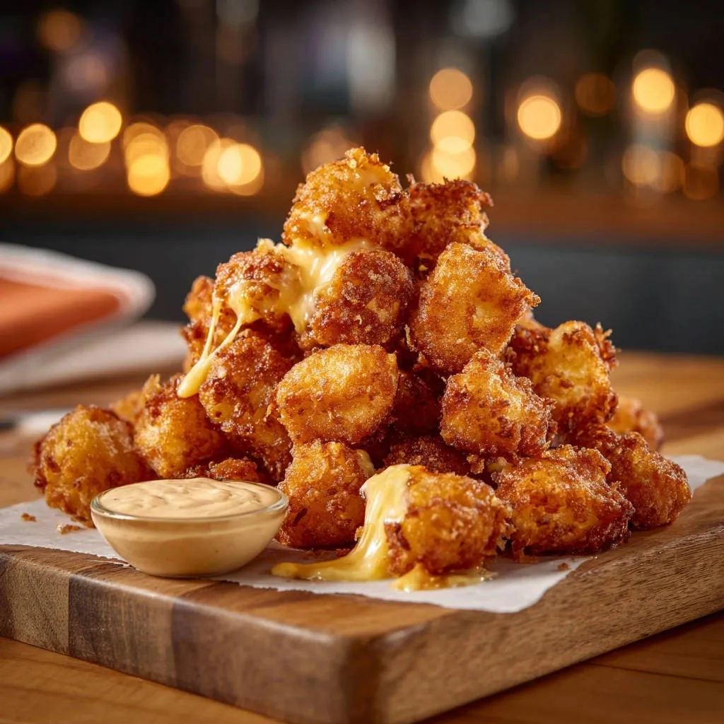 Crispy golden fried cheese curds with a melty, gooey cheese interior, served with dipping sauce.