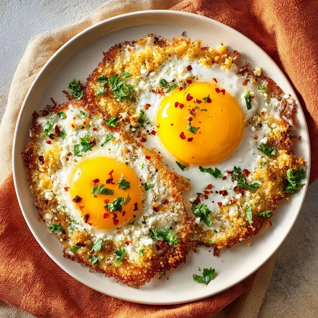 Crispy hash brown eggs, two fried eggs served on a plate with crumbled cheese and herbs.