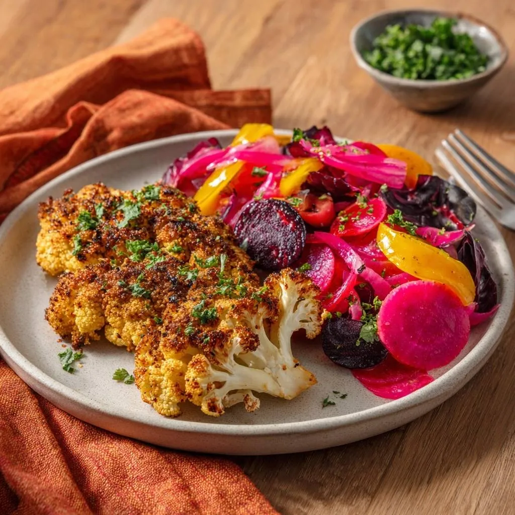 Crispy herb-crusted cauliflower with pickled beet salad plated on a light grey dish, showcasing the roasted vegetable and vibrant salad.